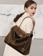 Trendy women's genuine leather handbag brown suede shoulder tote bag - Image 6