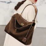 Trendy women's genuine leather handbag brown suede shoulder tote bag