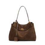 Trendy women's genuine leather handbag brown suede shoulder tote bag - Image 3