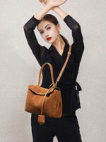 Trendy women's genuine leather handbag brown suede shoulder tote bag - Image 8