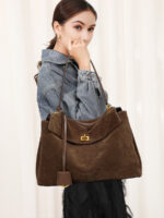 Trendy women's genuine leather handbag brown suede shoulder tote bag - Image 7