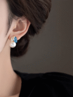 925 Silver Needle Asymmetric Design Flower Pearl Earrings - Image 3