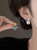 925 Silver Needle Asymmetric Design Flower Pearl Earrings - Image 2