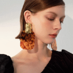 Exaggerated block long amber leopard print hat wearing vintage resin lava texture niche ear clip earrings